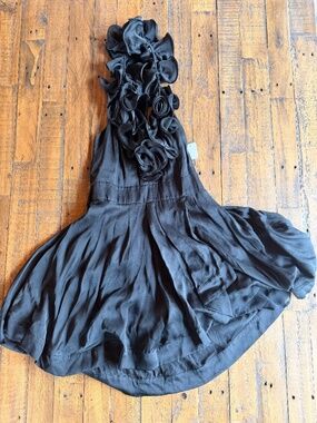 Bebe Black Silk Halter Dress Ruffle Rosette Cocktail Size M